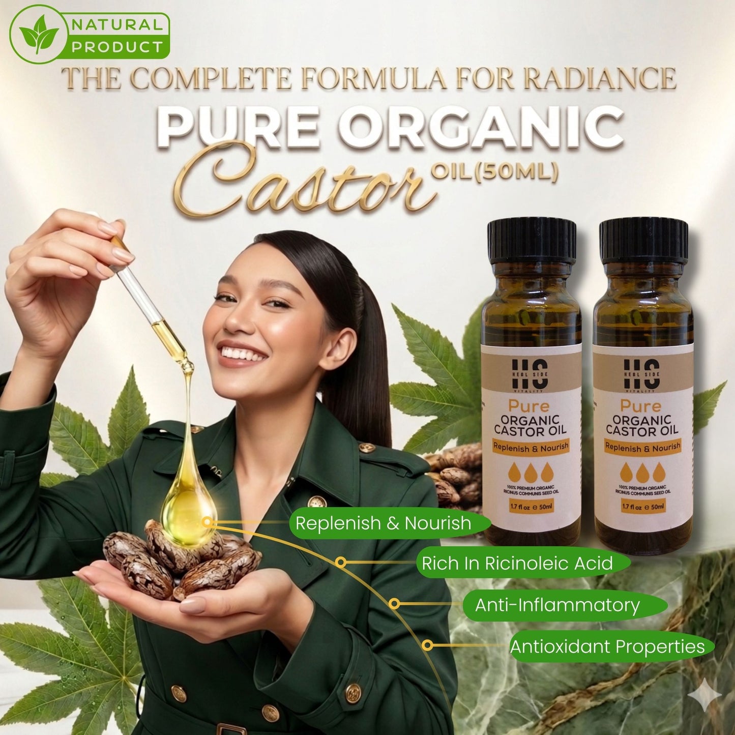Pure Organic Castor Oil (100% PREMIUM ORGANIC RICNUS COMMUNIS SEED OIL)  Exp:09/02/2027