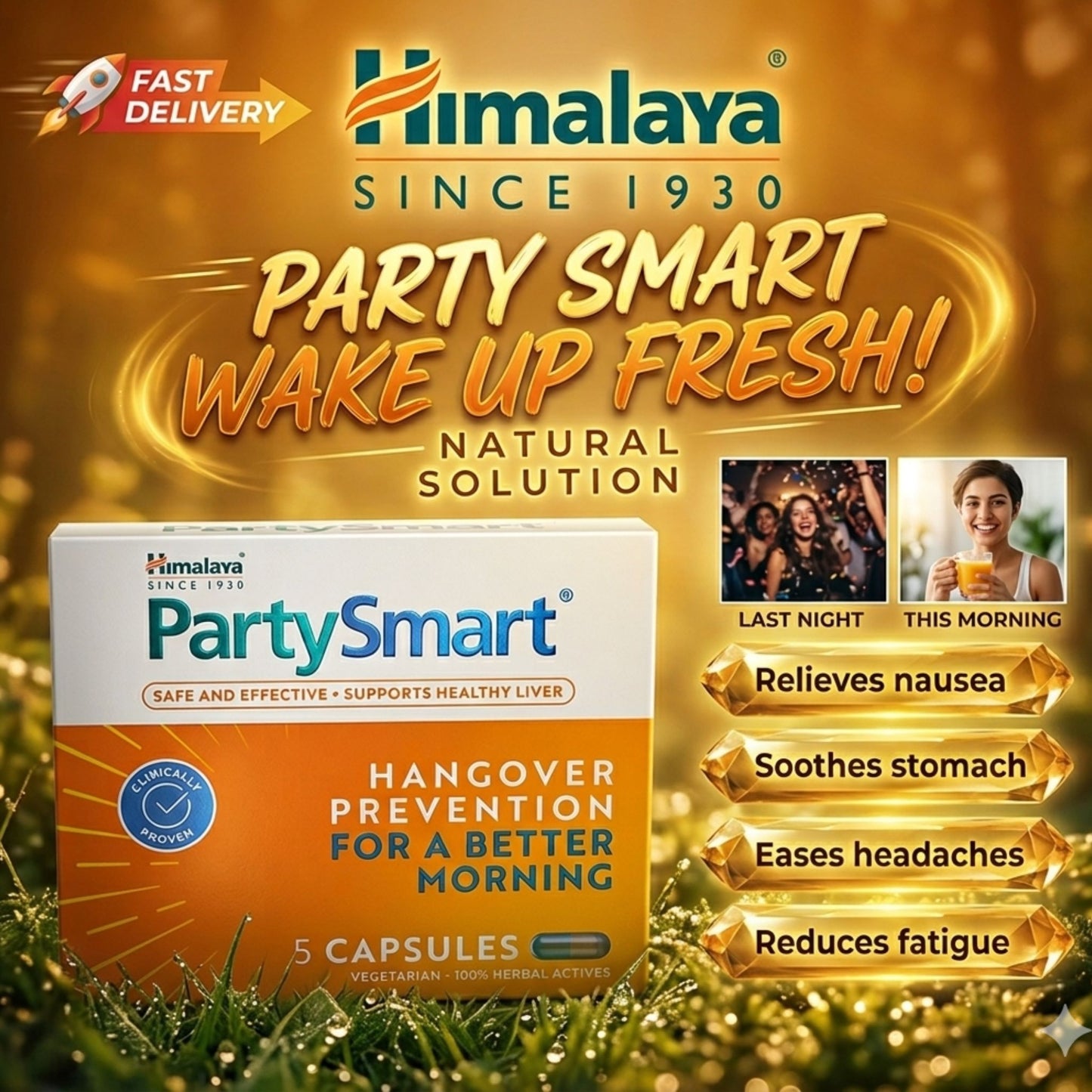 HIMALAYA PartySmart Caps Anti Hangover Relieves Headache, Nausea & Alcohol After-Effects Exp 2027