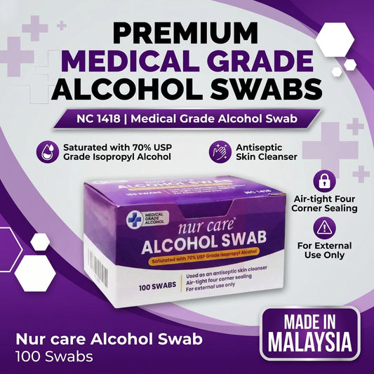 Nur Care Alcohol Swab 100's (Medical Grade NC1418) Sterile Disinfectant Wipes for Injection & First Aid. EXP 11/2027