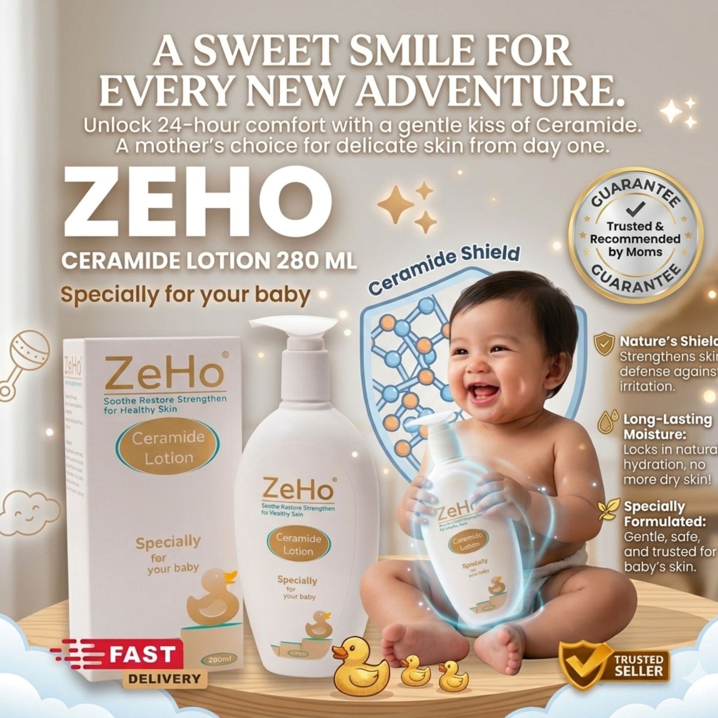 ZeHo Ceramide Lotion 280ml  Soothing Moisturizer for Dry & Sensitive Skin Mother & Baby Safe: EXP11/2027